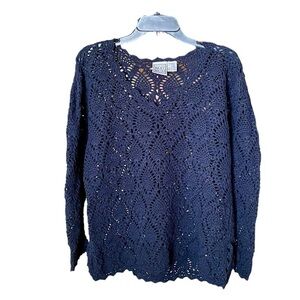 Vintage 90s Russ Sport Company crochet sweater L cottagecore navy blue